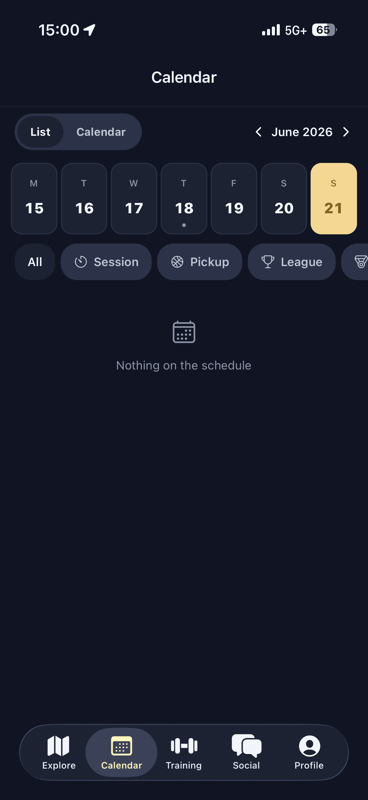 Calendar view of upcoming games and sessions