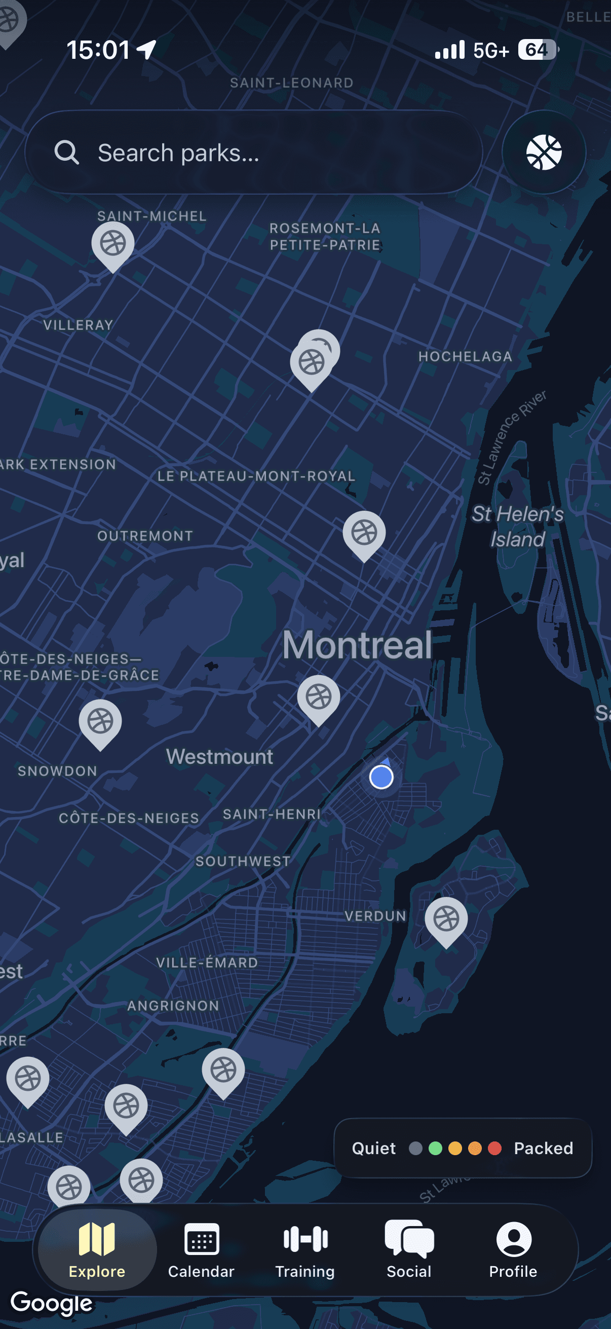 Call Next showing live pickup games on a map of Montreal