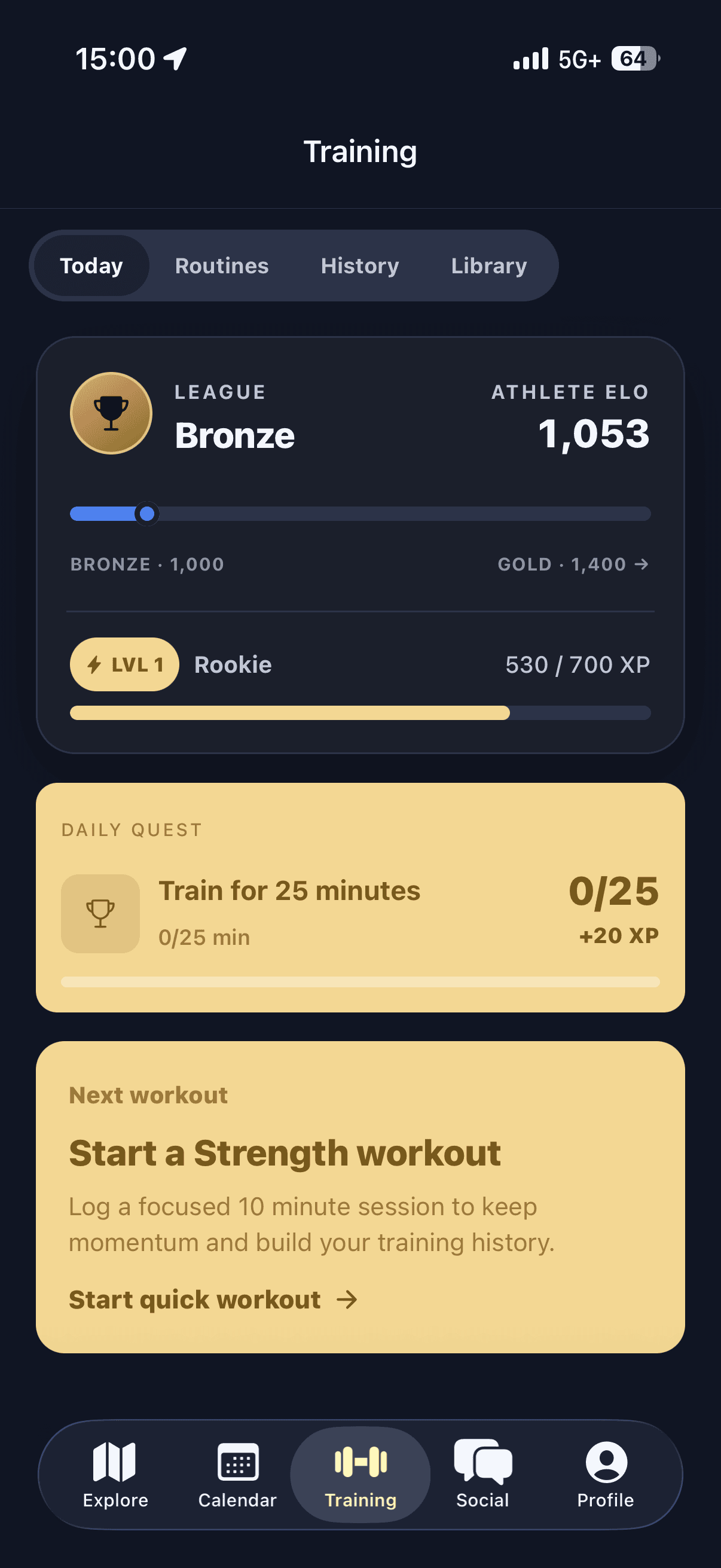 Training screen with daily quest and athlete league